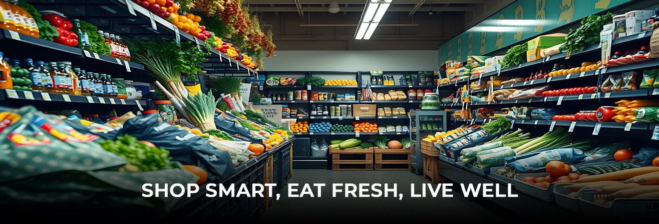 A modern super market in Chennai displaying fresh fruits and vegetables neatly arranged for shoppers.