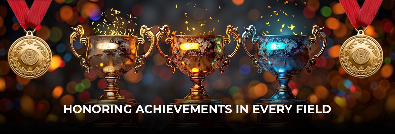 A display shelf from trophy shops in Chennai showcasing gold and silver trophies arranged neatly for selection.